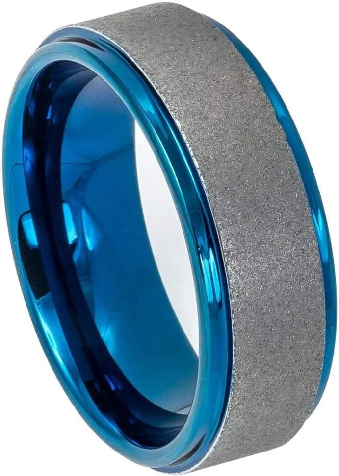 Personalized laser engraving Ring for Men and Ring for Women tungsten Band Rings 8mm Sandblasted Finish Center Stepped Edge Blue IP Plated Wedding Band Ring Ideal Rings for couples