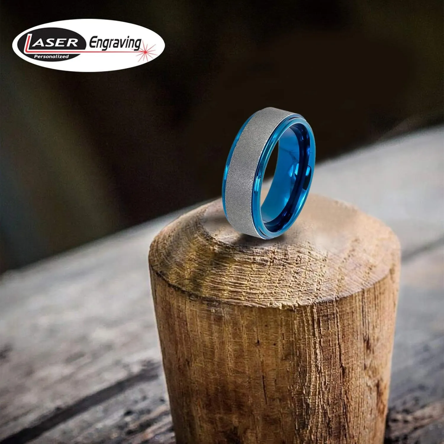 Personalized laser engraving Ring for Men and Ring for Women tungsten Band Rings 8mm Sandblasted Finish Center Stepped Edge Blue IP Plated Wedding Band Ring Ideal Rings for couples