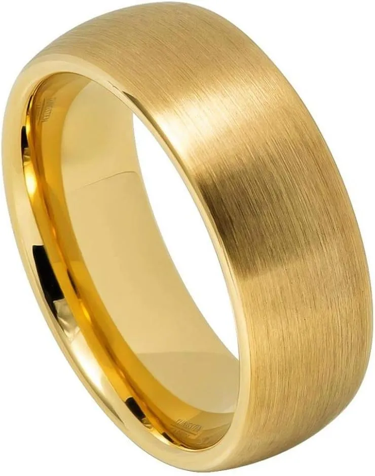 Personalized Laser Engraving Ring for Men and Ring for Women Tungsten Band Rings 8mm Yellow Gold IP Plated Brushed Domed Classic Style Wedding Band Ring Ideal Rings for Couples