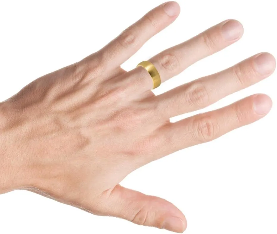 Personalized Laser Engraving Ring for Men and Ring for Women Tungsten Band Rings 8mm Yellow Gold IP Plated Brushed Domed Classic Style Wedding Band Ring Ideal Rings for Couples