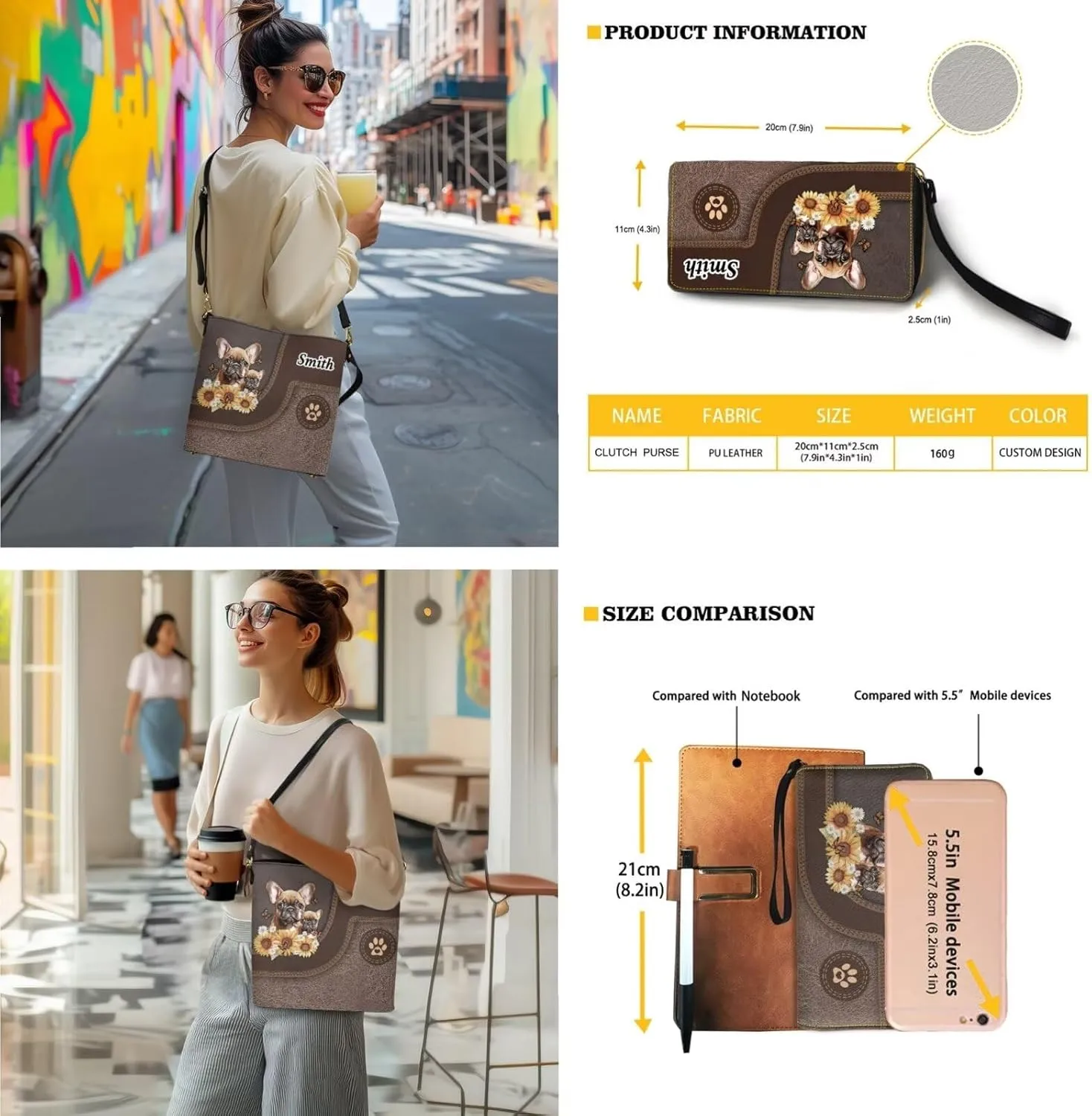 Personalized Leather Purse and Wallet Set for Women, Custom Name Crossbody Bucket Tote Bag with PU Wristlet Wallet