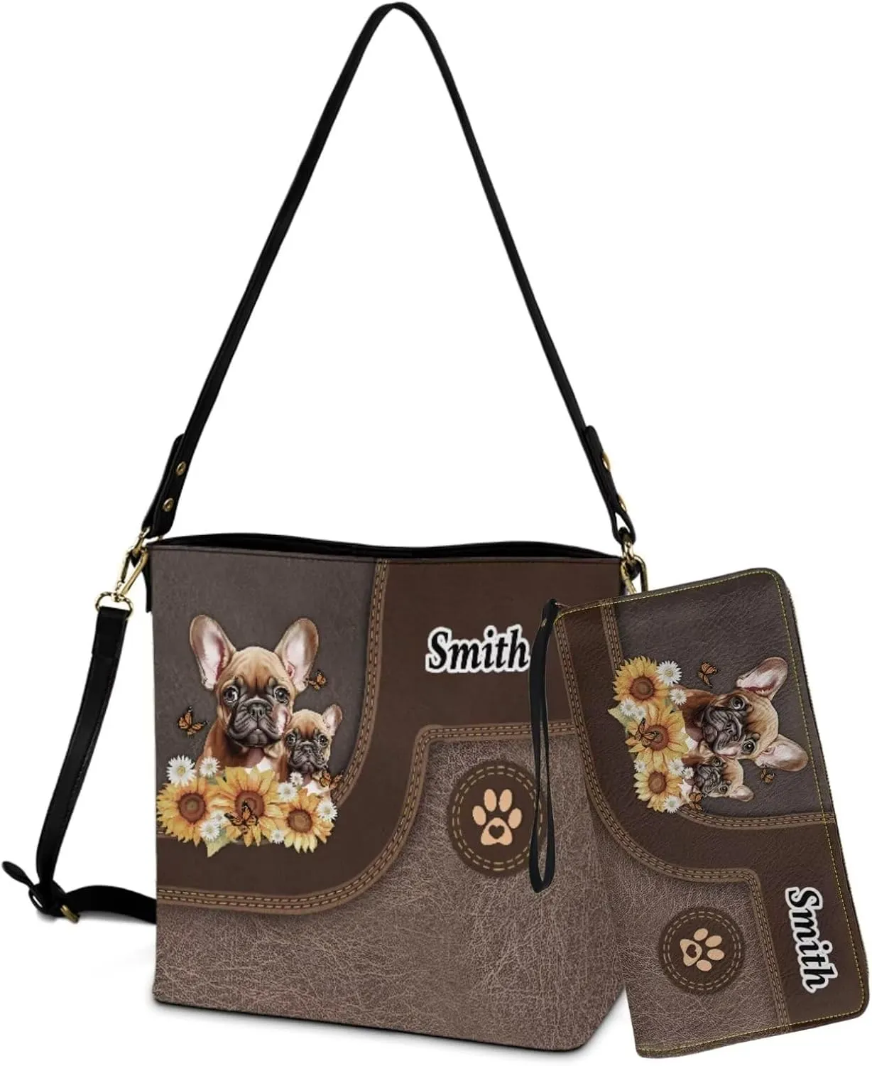 Personalized Leather Purse and Wallet Set for Women, Custom Name Crossbody Bucket Tote Bag with PU Wristlet Wallet