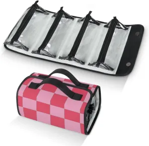 Pink Checkered Foldable Toiletry Bag with Detachable Removable Pouches Hanging 4 in 1 Roll Up Large Makeup Toiletry Organizer Storage Bag with Handle
