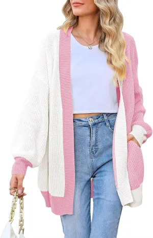 Pink Queen 2024 Fall Long Cardigans for Women Batwing Sleeve Open Front Ribbed Knit Oversized Cardigan Sweaters with Pockets