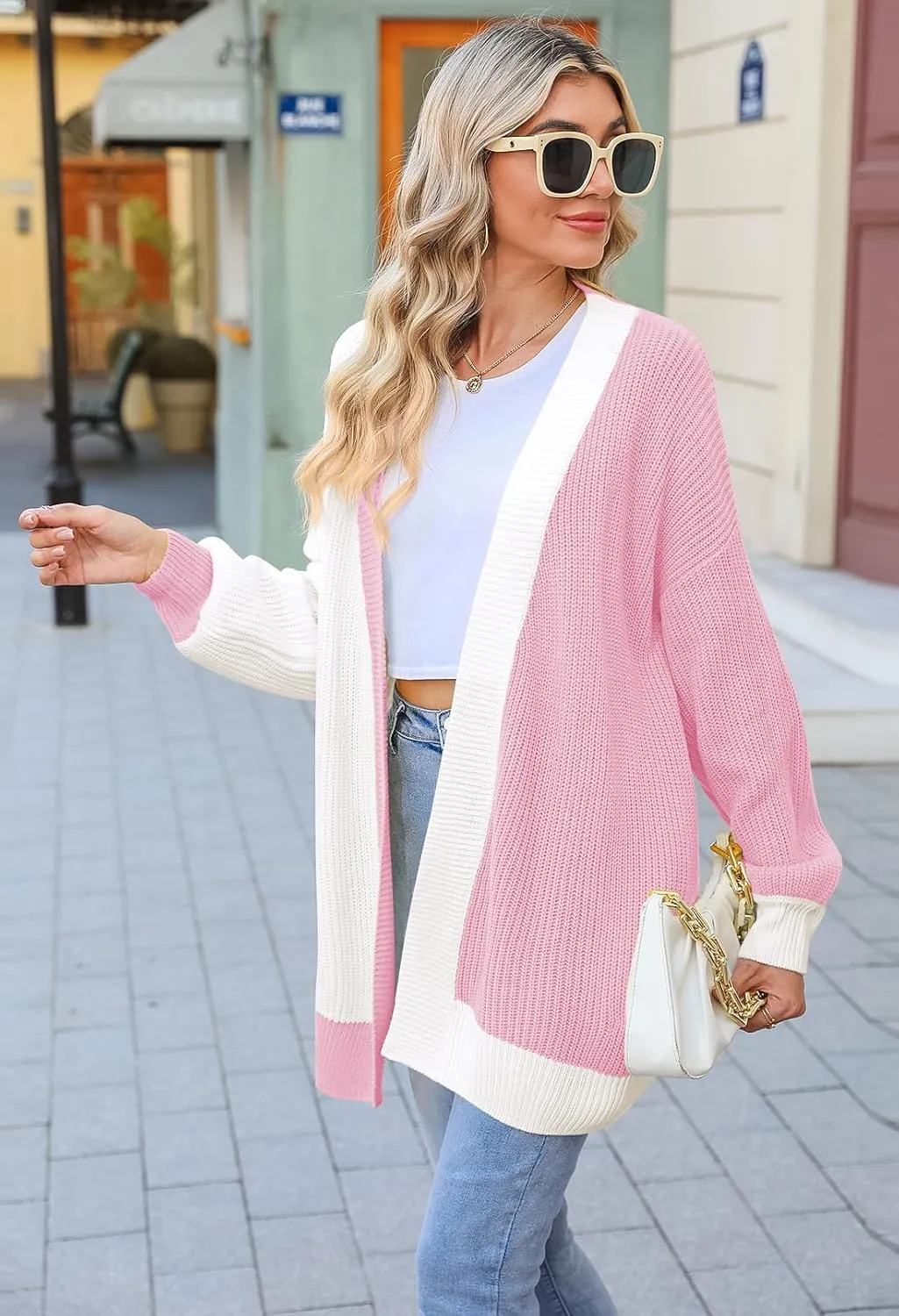 Pink Queen 2024 Fall Long Cardigans for Women Batwing Sleeve Open Front Ribbed Knit Oversized Cardigan Sweaters with Pockets