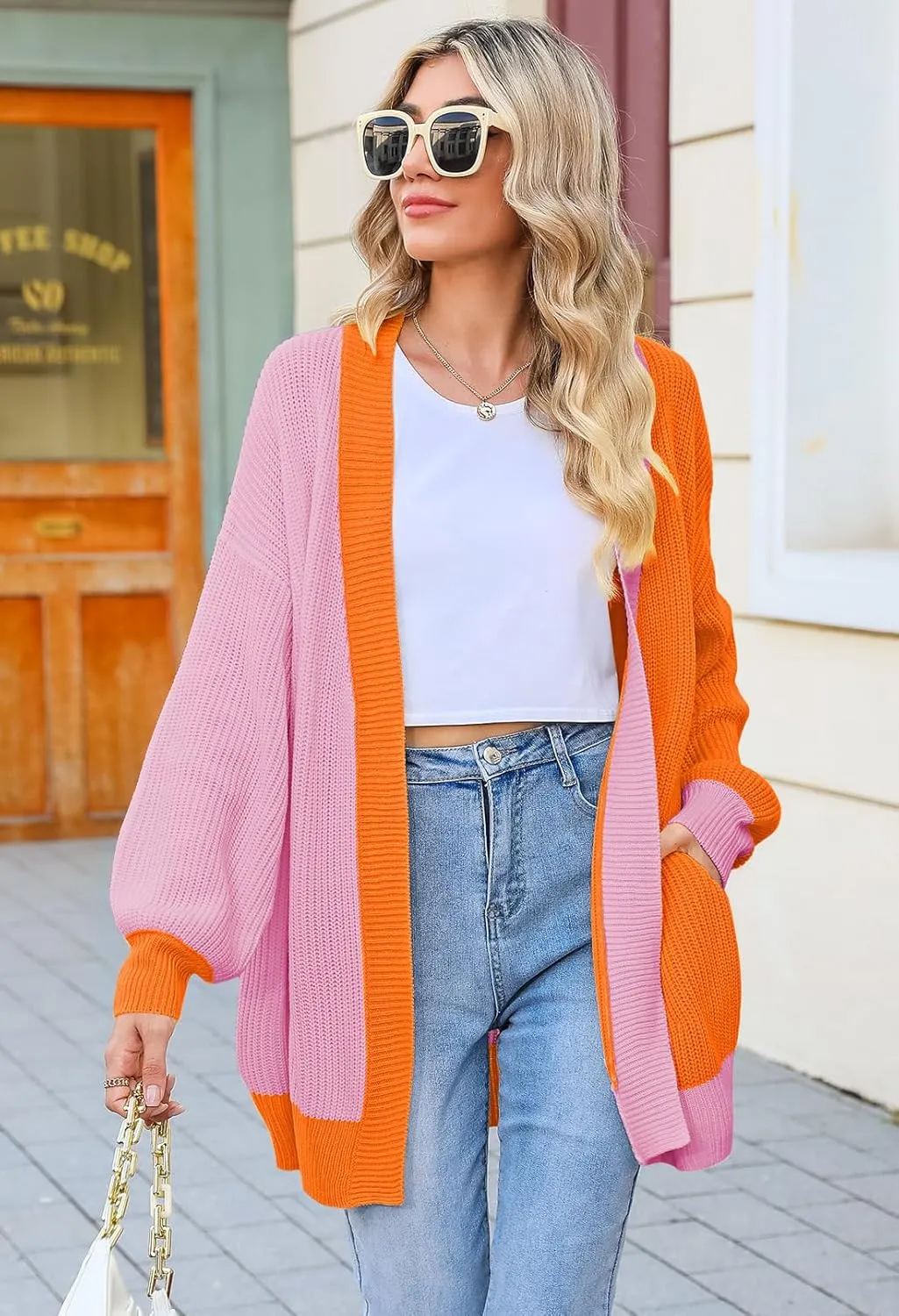 Pink Queen 2024 Fall Long Cardigans for Women Batwing Sleeve Open Front Ribbed Knit Oversized Cardigan Sweaters with Pockets