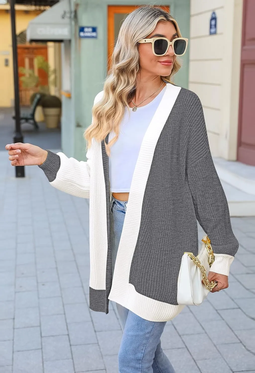 Pink Queen 2024 Fall Long Cardigans for Women Batwing Sleeve Open Front Ribbed Knit Oversized Cardigan Sweaters with Pockets