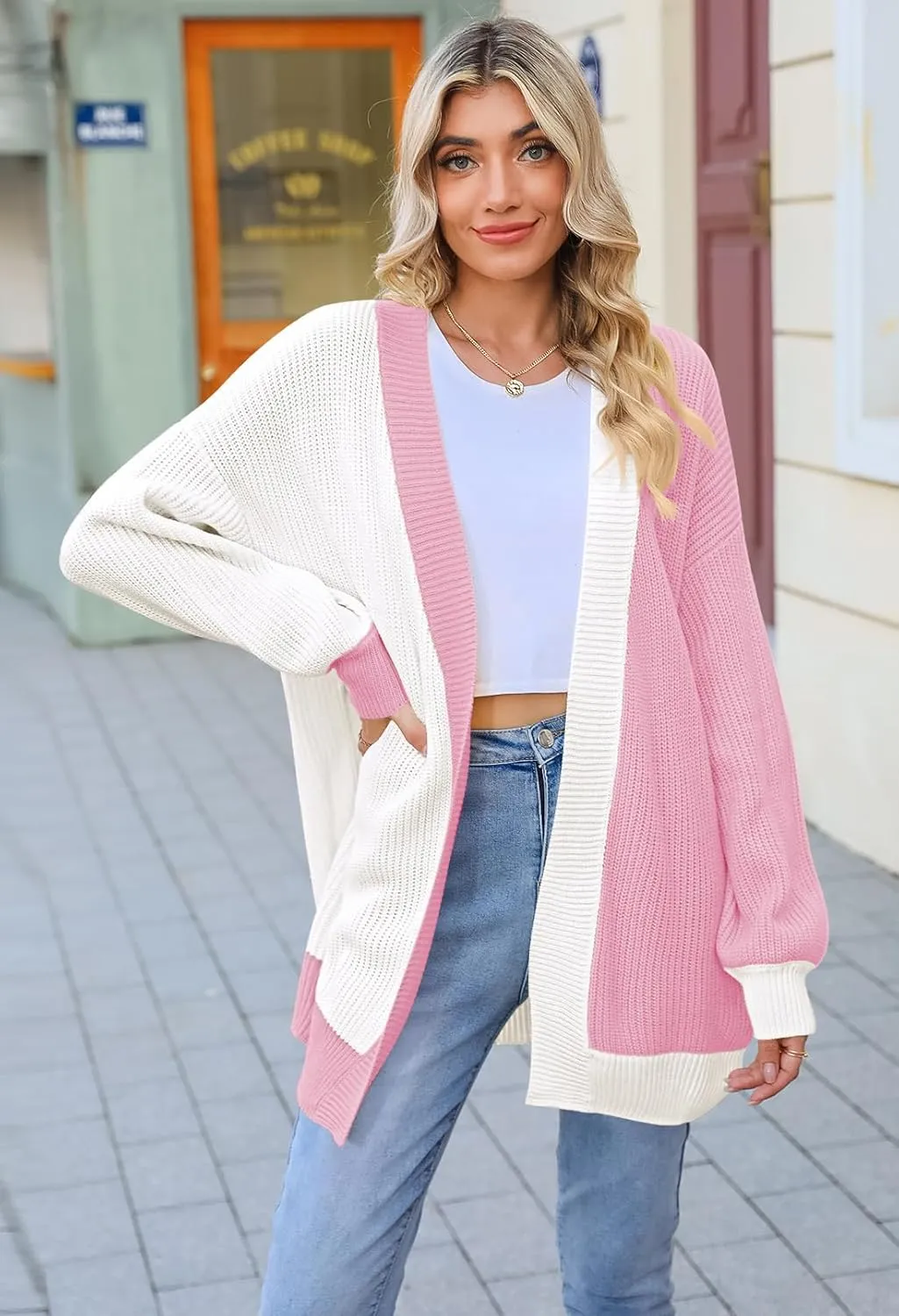 Pink Queen 2024 Fall Long Cardigans for Women Batwing Sleeve Open Front Ribbed Knit Oversized Cardigan Sweaters with Pockets