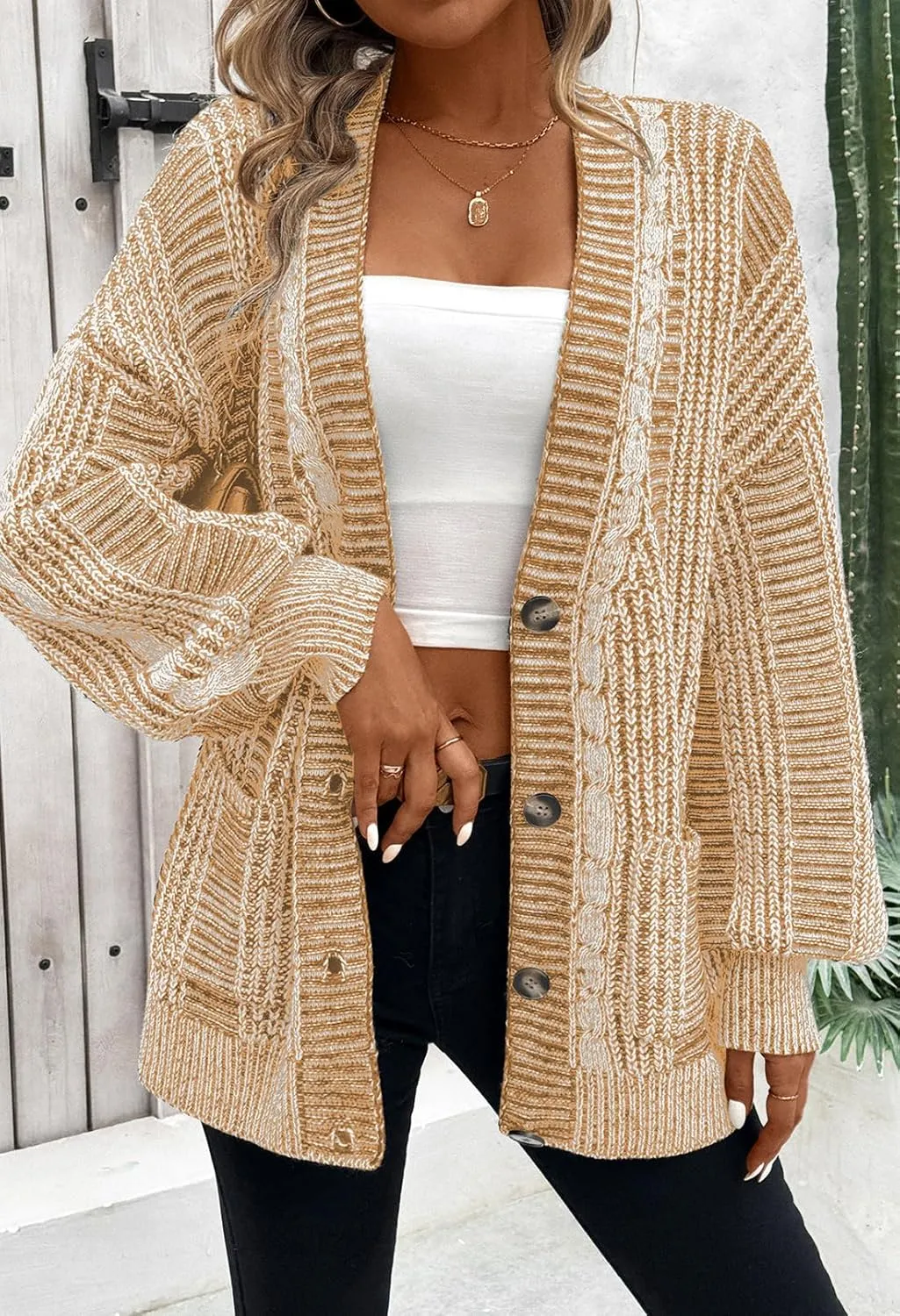 Pink Queen Women's 2024 Fall Winter Cardigan Sweater Long Sleeve Cable Knit Loose Outerwear Coat