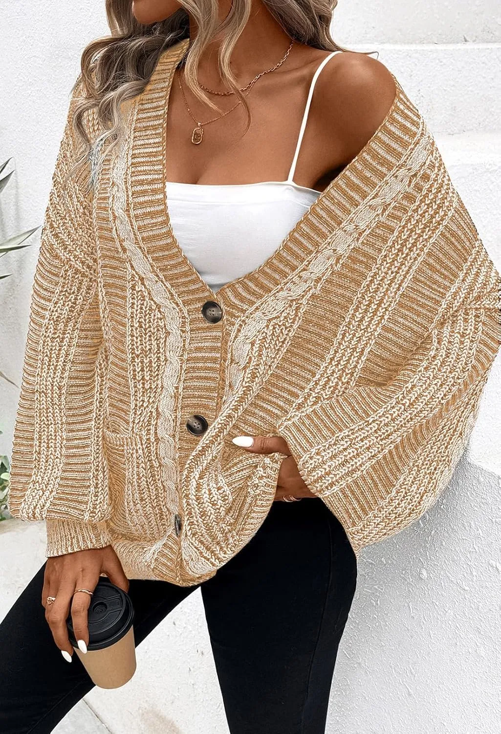 Pink Queen Women's 2024 Fall Winter Cardigan Sweater Long Sleeve Cable Knit Loose Outerwear Coat