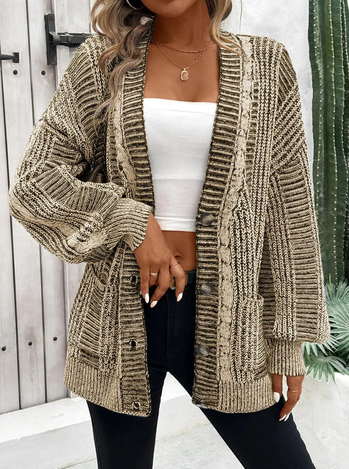 Pink Queen Women's 2024 Fall Winter Cardigan Sweater Long Sleeve Cable Knit Loose Outerwear Coat