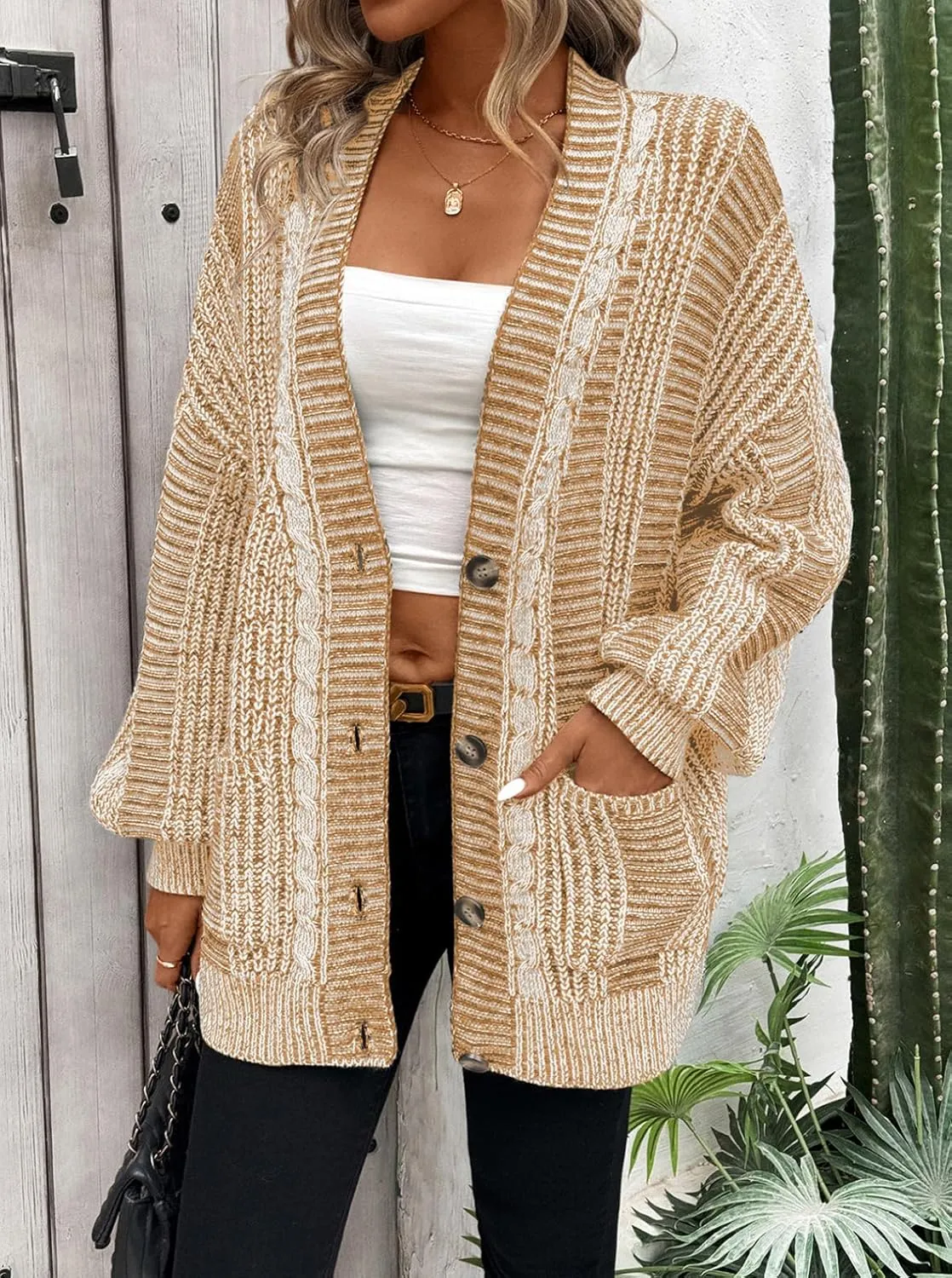 Pink Queen Women's 2024 Fall Winter Cardigan Sweater Long Sleeve Cable Knit Loose Outerwear Coat