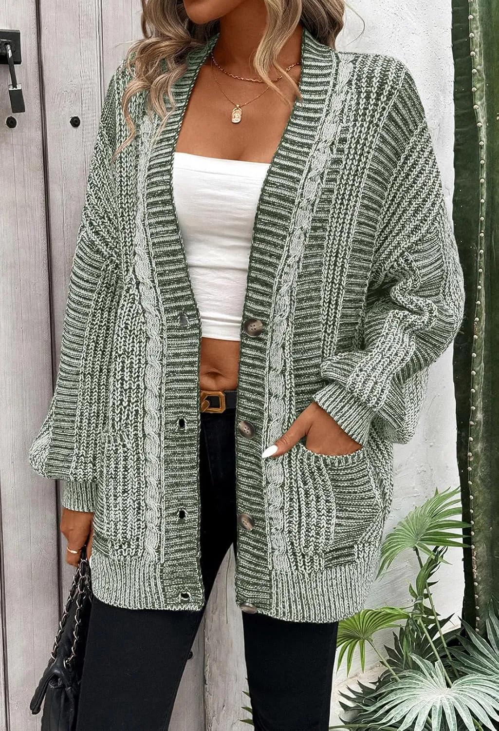 Pink Queen Women's 2024 Fall Winter Cardigan Sweater Long Sleeve Cable Knit Loose Outerwear Coat