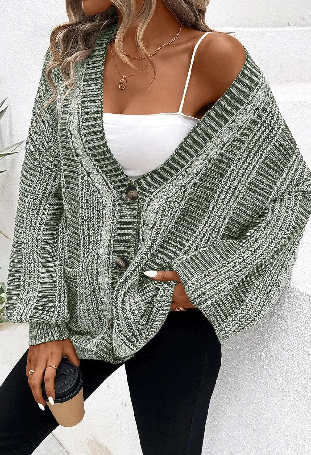 Pink Queen Women's 2024 Fall Winter Cardigan Sweater Long Sleeve Cable Knit Loose Outerwear Coat