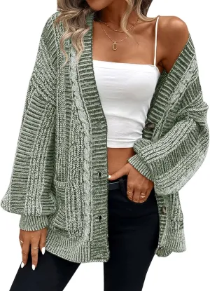 Pink Queen Women's 2024 Fall Winter Cardigan Sweater Long Sleeve Cable Knit Loose Outerwear Coat