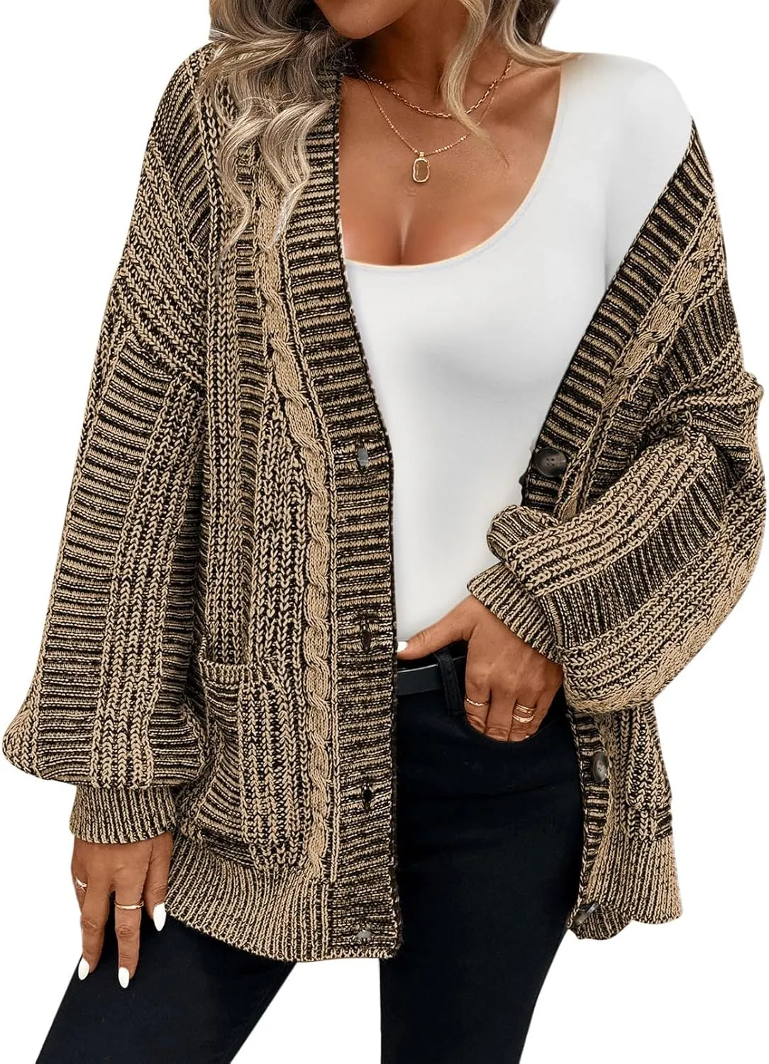 Pink Queen Women's 2024 Fall Winter Cardigan Sweater Long Sleeve Cable Knit Loose Outerwear Coat