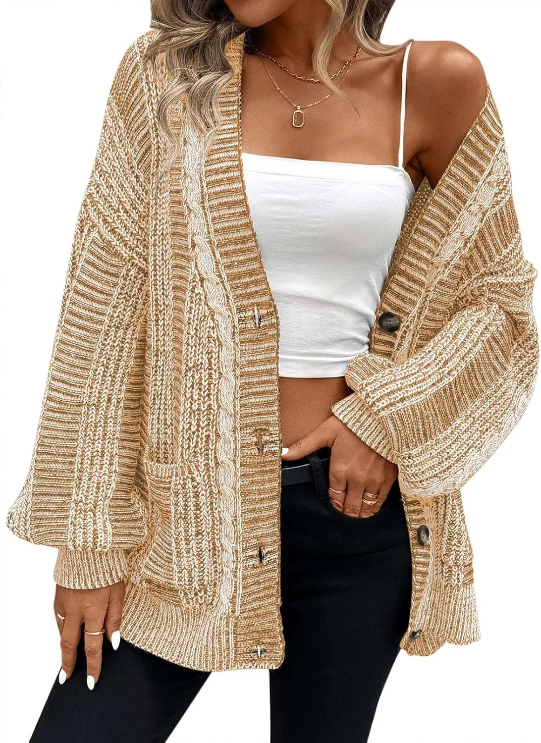 Pink Queen Women's 2024 Fall Winter Cardigan Sweater Long Sleeve Cable Knit Loose Outerwear Coat