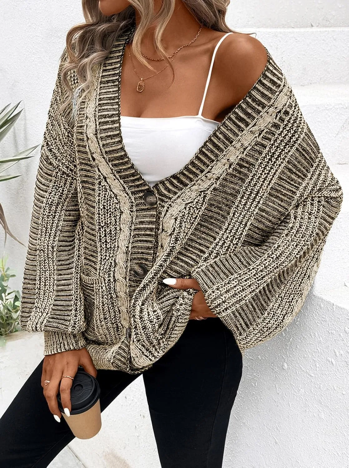 Pink Queen Women's 2024 Fall Winter Cardigan Sweater Long Sleeve Cable Knit Loose Outerwear Coat