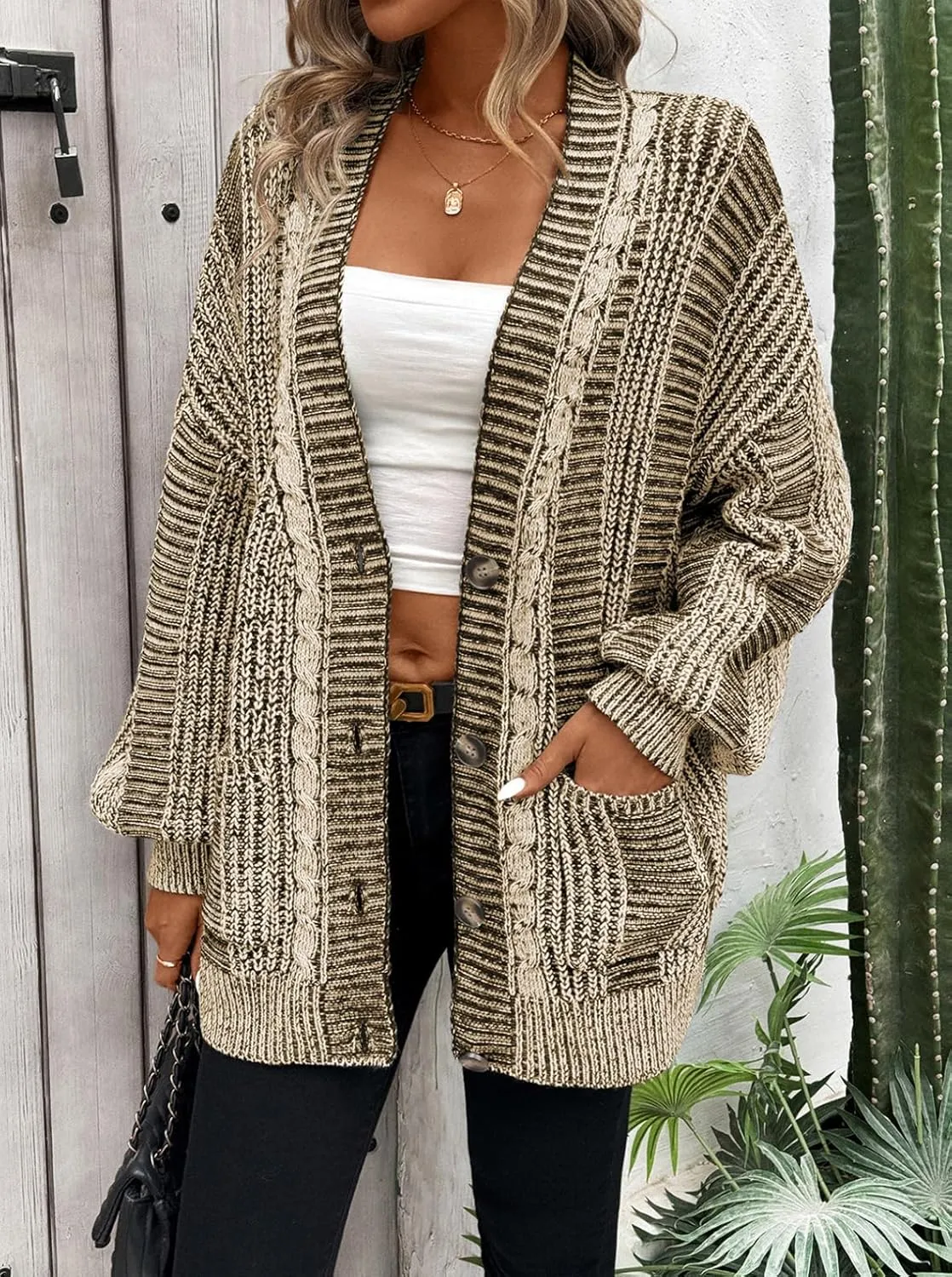 Pink Queen Women's 2024 Fall Winter Cardigan Sweater Long Sleeve Cable Knit Loose Outerwear Coat