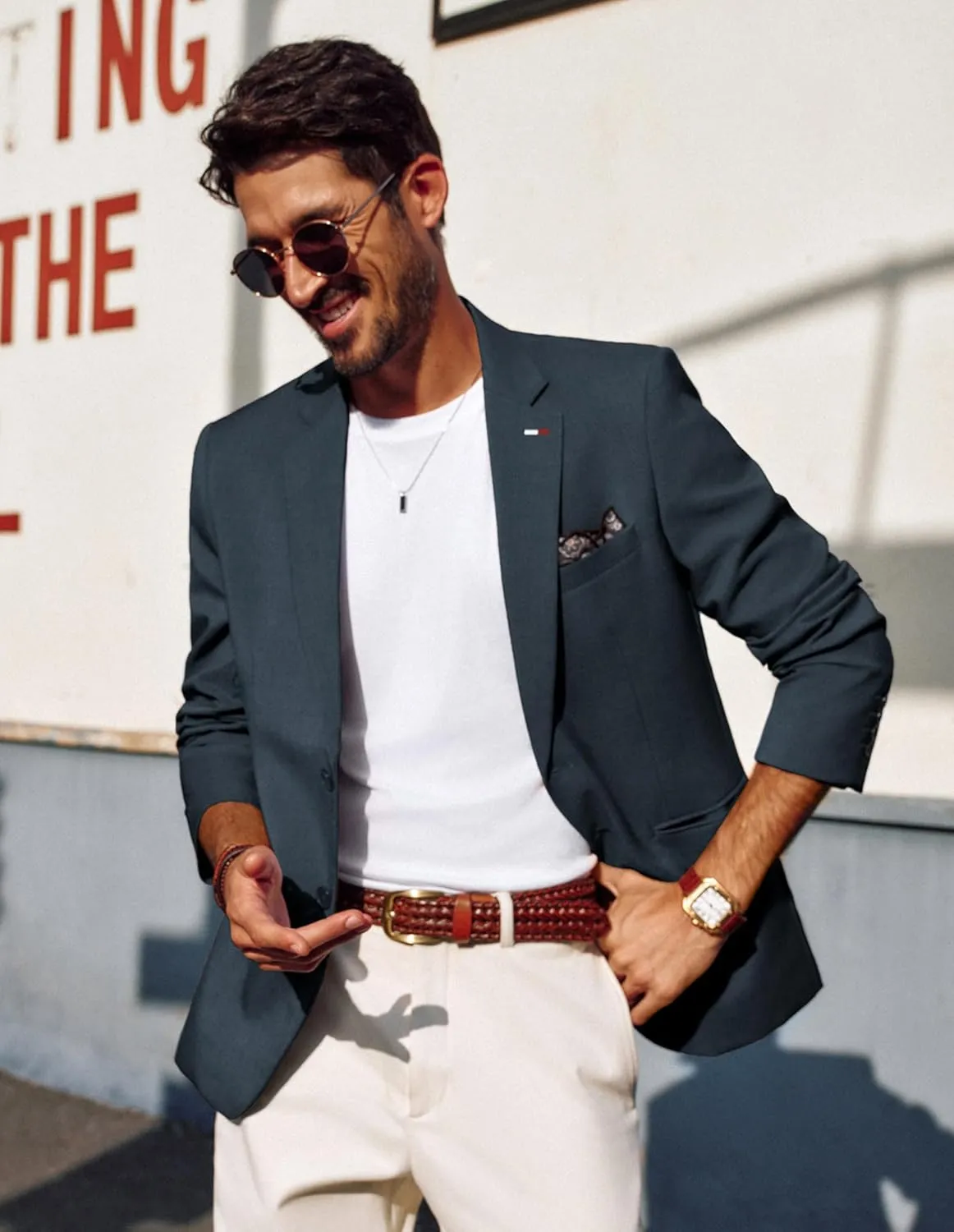 PJ PAUL JONES Men's Blazers Two Button Notch Lapel Sport Coat Casual Lightweight Blazer Jacket with Handkerchief