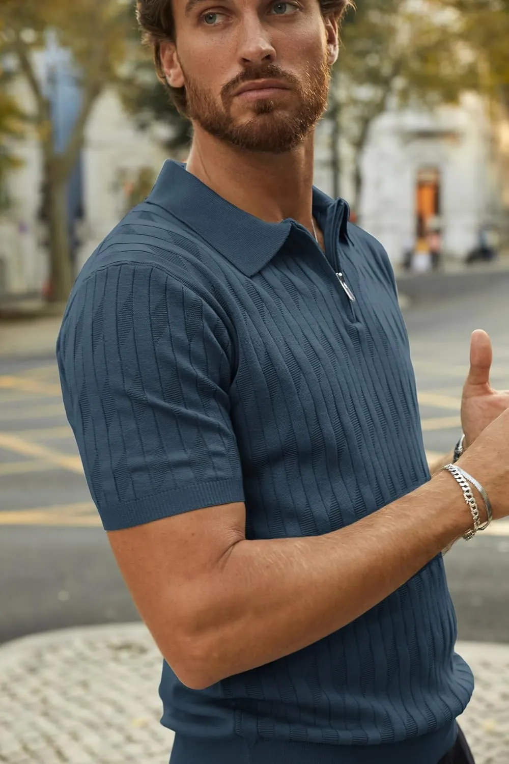 PJ PAUL JONES Men's Quarter Zip Polo Shirts Short Sleeve Textured Knit Polo T Shirt Business Casual Golf Shirts