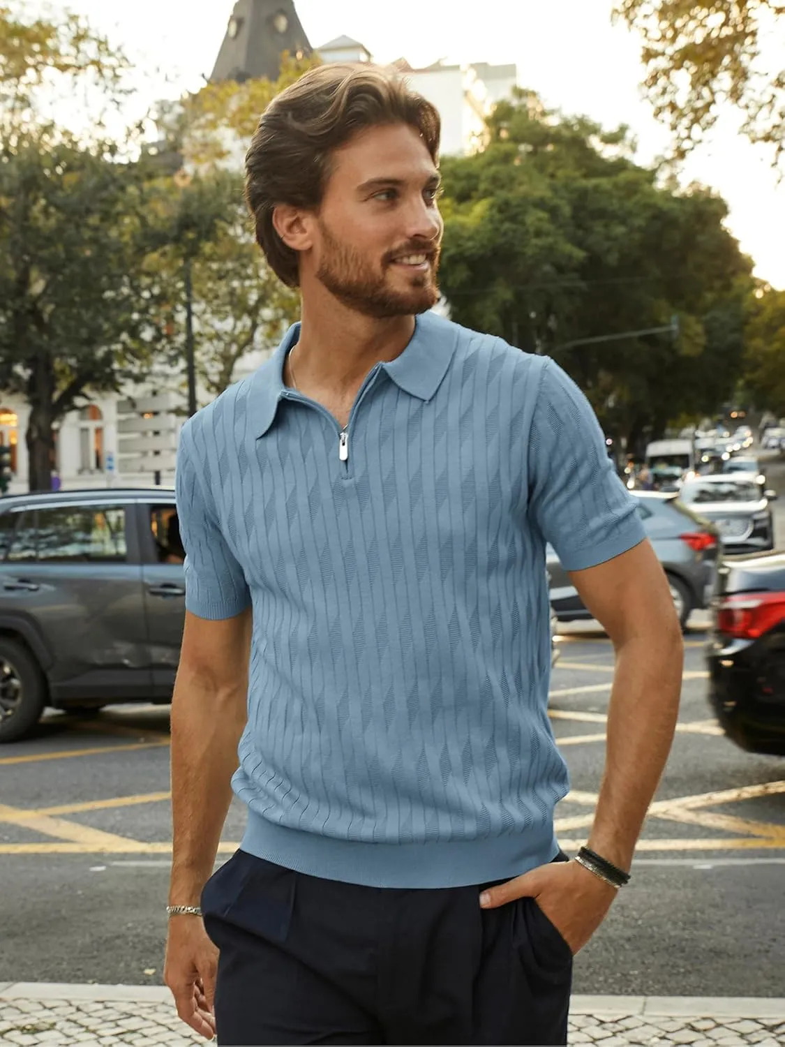 PJ PAUL JONES Men's Quarter Zip Polo Shirts Short Sleeve Textured Knit Polo T Shirt Business Casual Golf Shirts