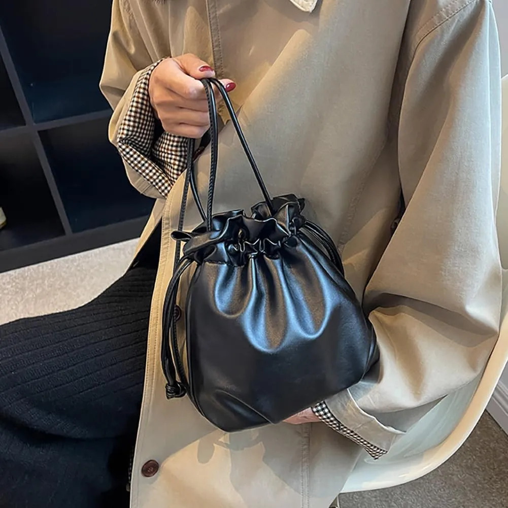Pleated Drawstring Storage Bucket Bag,Lightweight PU Leather Soft Crossbody Bag,Retro Casual Solid Purse Shoulder Bag