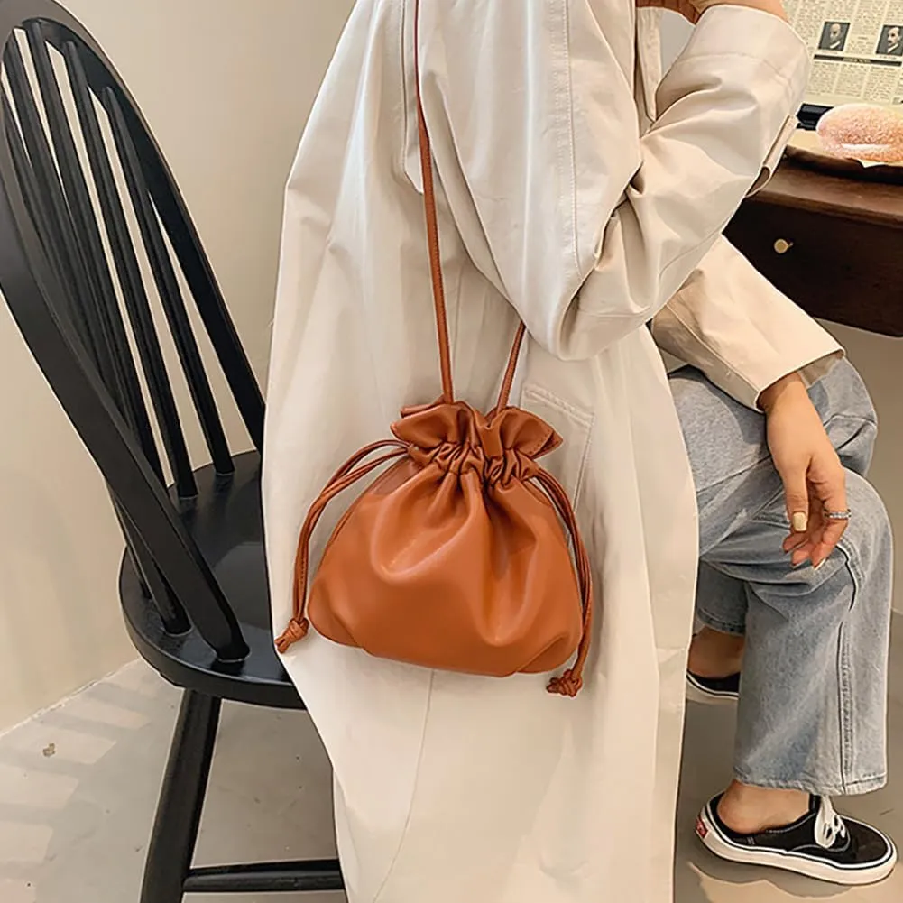 Pleated Drawstring Storage Bucket Bag,Lightweight PU Leather Soft Crossbody Bag,Retro Casual Solid Purse Shoulder Bag