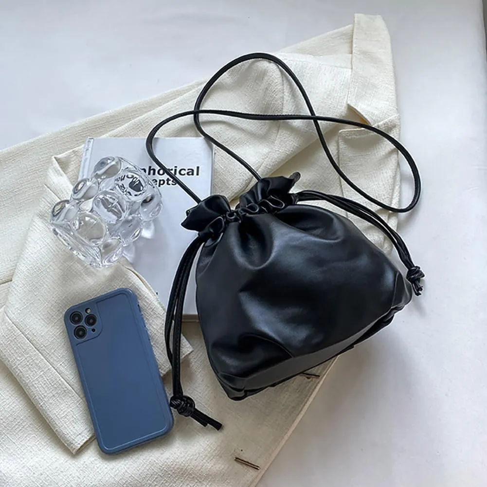 Pleated Drawstring Storage Bucket Bag,Lightweight PU Leather Soft Crossbody Bag,Retro Casual Solid Purse Shoulder Bag