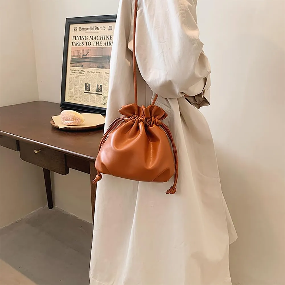 Pleated Drawstring Storage Bucket Bag,Lightweight PU Leather Soft Crossbody Bag,Retro Casual Solid Purse Shoulder Bag