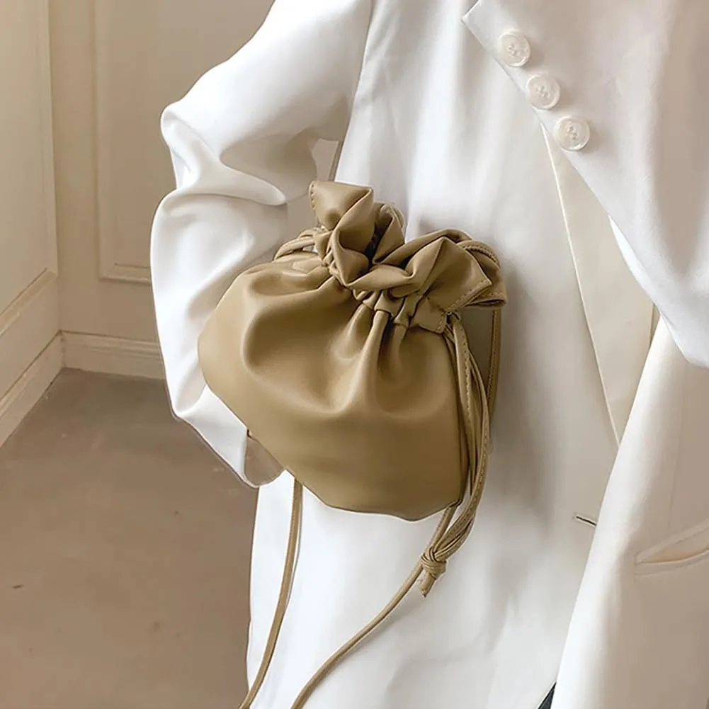 Pleated Drawstring Storage Bucket Bag,Lightweight PU Leather Soft Crossbody Bag,Retro Casual Solid Purse Shoulder Bag