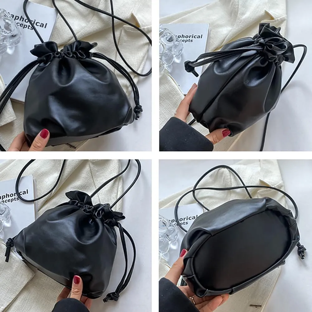 Pleated Drawstring Storage Bucket Bag,Lightweight PU Leather Soft Crossbody Bag,Retro Casual Solid Purse Shoulder Bag