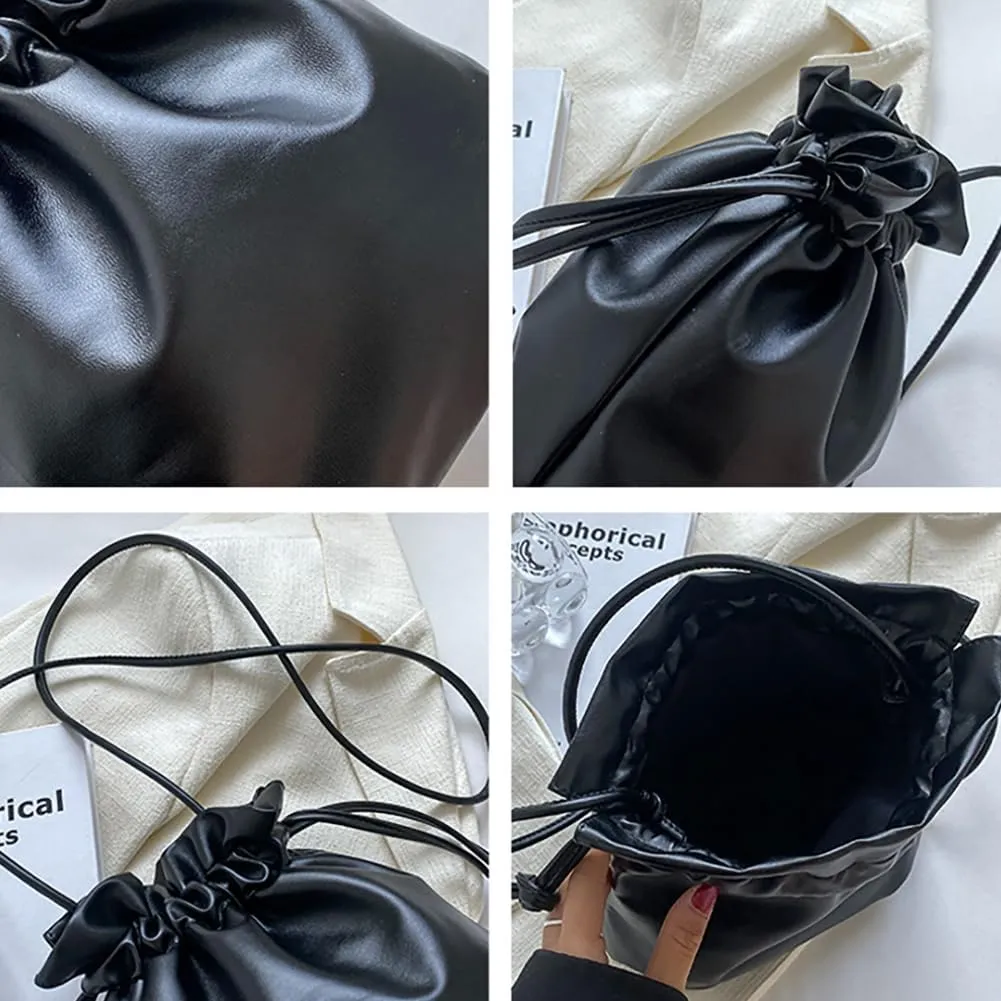 Pleated Drawstring Storage Bucket Bag,Lightweight PU Leather Soft Crossbody Bag,Retro Casual Solid Purse Shoulder Bag