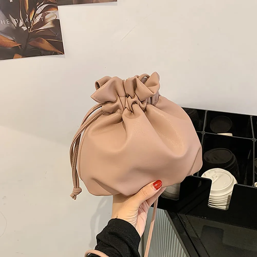 Pleated Drawstring Storage Bucket Bag,Lightweight PU Leather Soft Crossbody Bag,Retro Casual Solid Purse Shoulder Bag