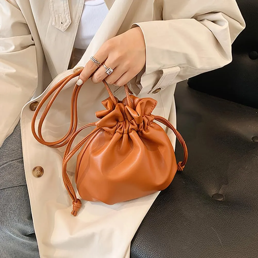 Pleated Drawstring Storage Bucket Bag,Lightweight PU Leather Soft Crossbody Bag,Retro Casual Solid Purse Shoulder Bag