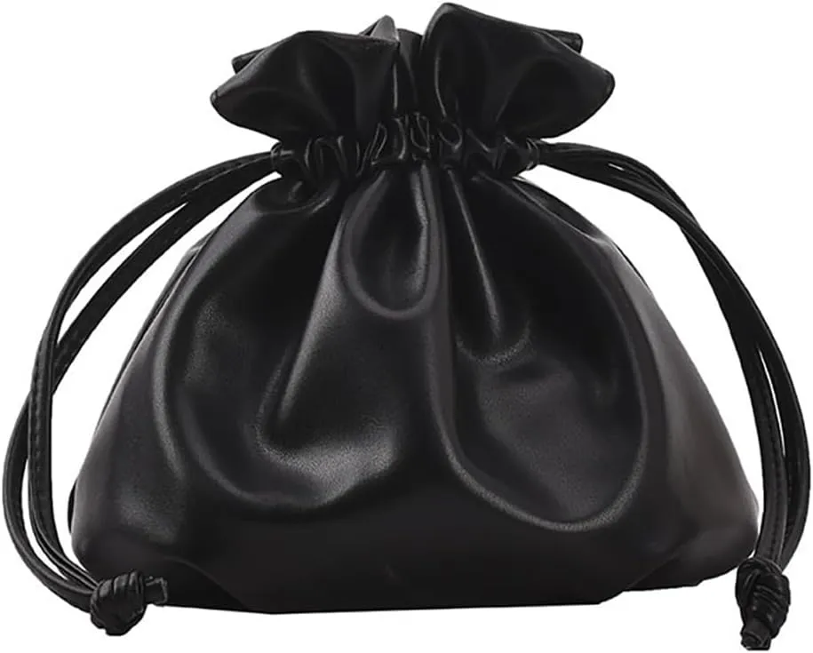 Pleated Drawstring Storage Bucket Bag,Lightweight PU Leather Soft Crossbody Bag,Retro Casual Solid Purse Shoulder Bag