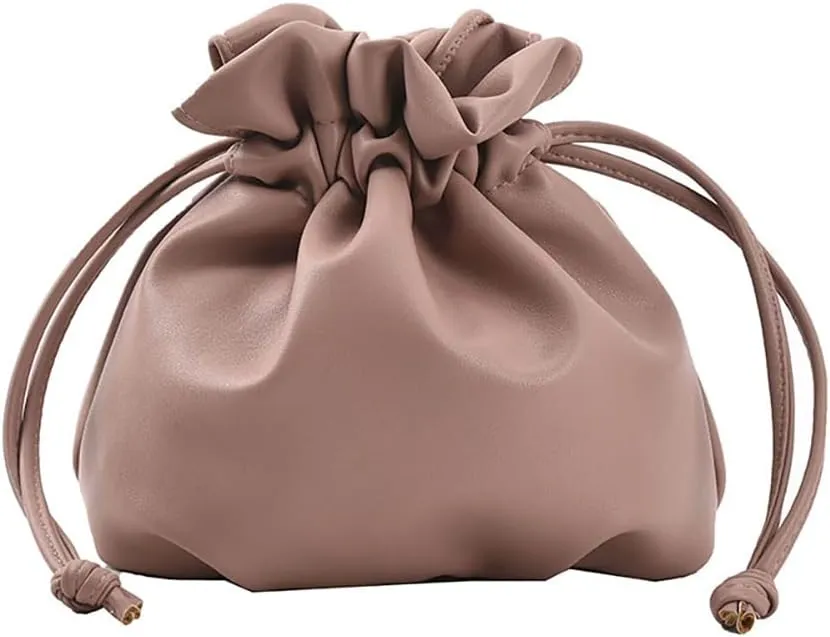 Pleated Drawstring Storage Bucket Bag,Lightweight PU Leather Soft Crossbody Bag,Retro Casual Solid Purse Shoulder Bag