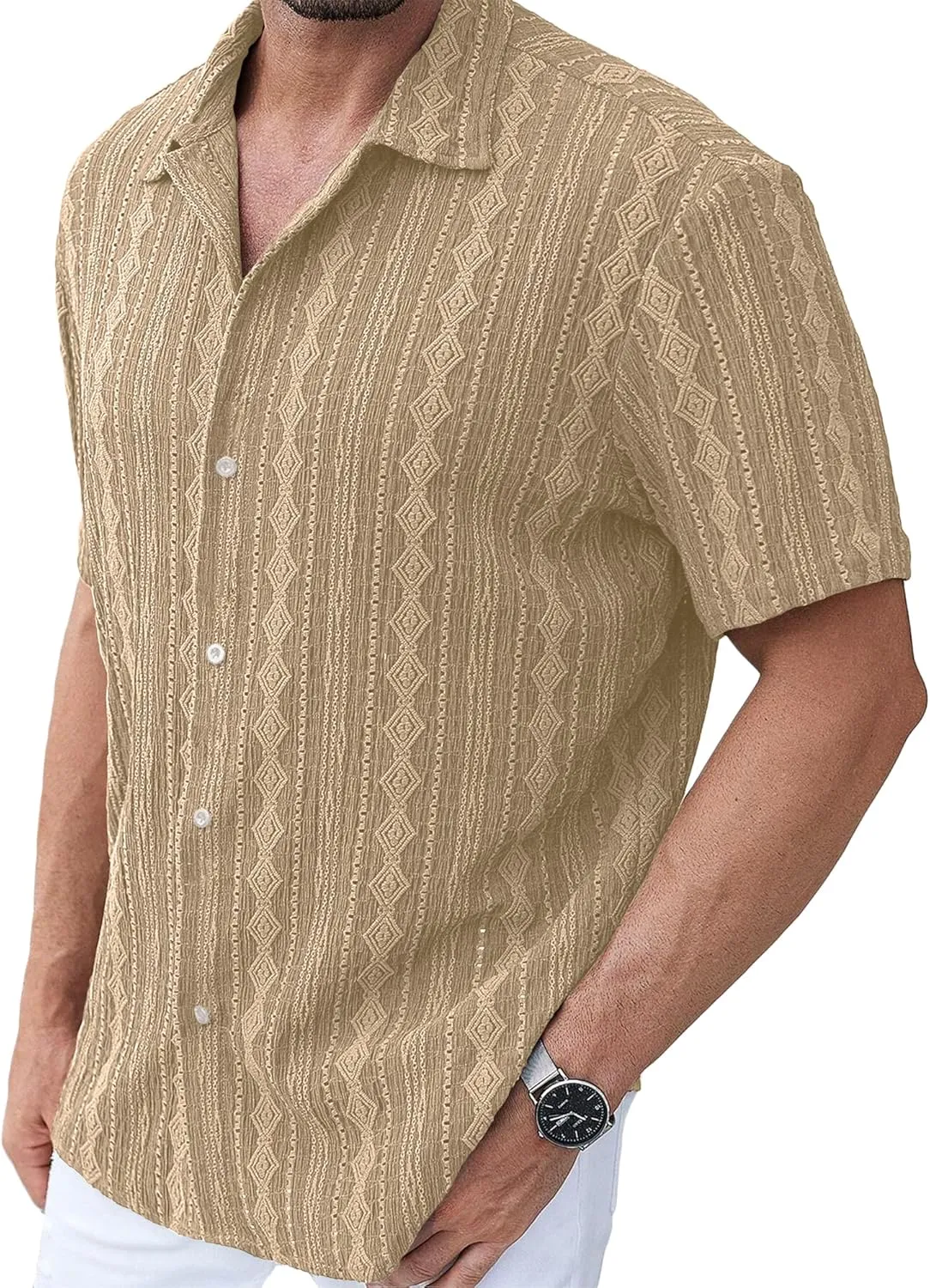 PLEPAN Men's Beach Casual Shirts Button Down Shirts Short Sleeve Tropical Summer Vacation Shirts with Vintage Striped