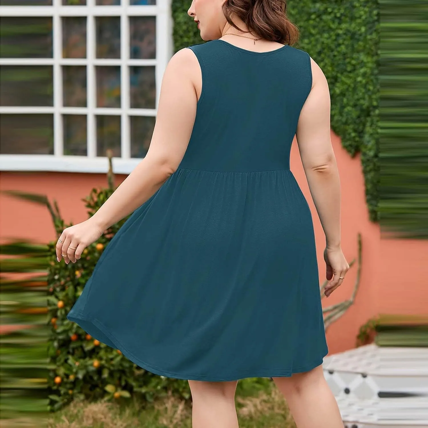 Plus Size Casual Dresses for Women Summer Sleeveless A Line Ruffle Hem Dresses Solid Color Empire Waist Sundress