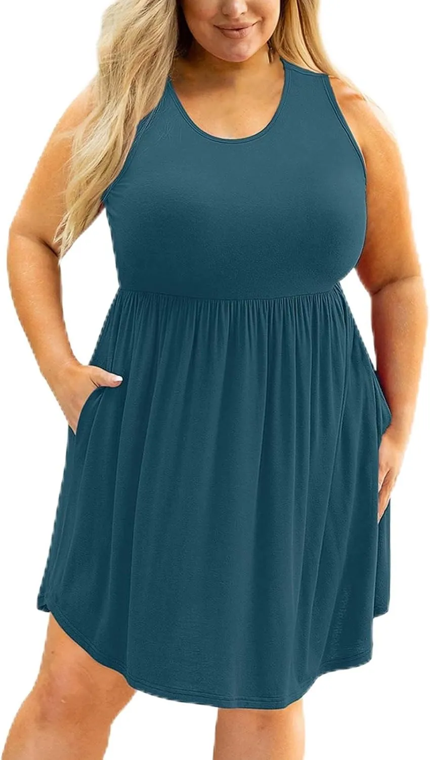 Plus Size Casual Dresses for Women Summer Sleeveless A Line Ruffle Hem Dresses Solid Color Empire Waist Sundress