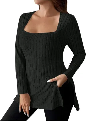 Plus Size Tops for Women Dressy Square Neck Long Sleeve Shirts Sexy Side Split Tunics Ribbed Knit Pullover Sweaters