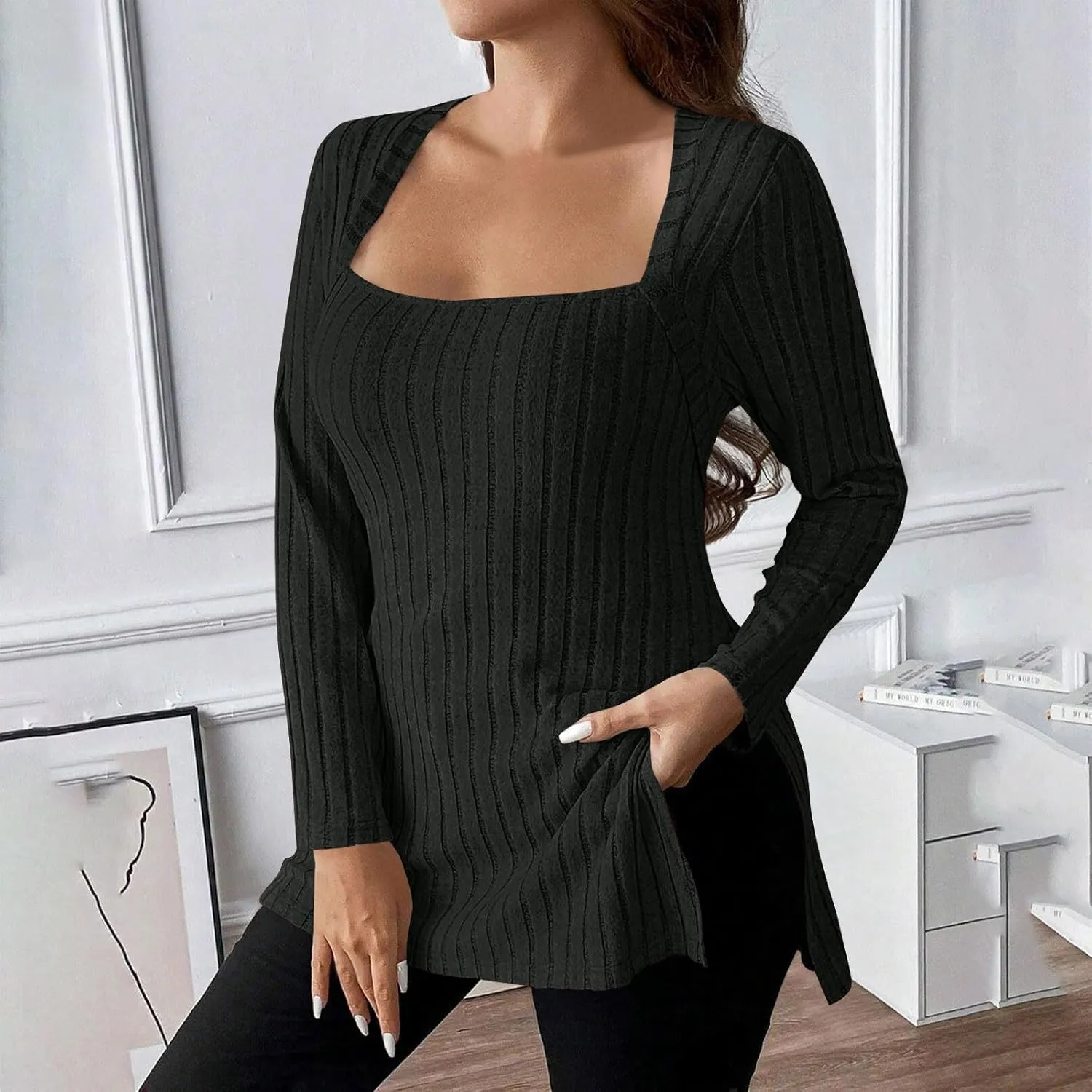 Plus Size Tops for Women Dressy Square Neck Long Sleeve Shirts Sexy Side Split Tunics Ribbed Knit Pullover Sweaters