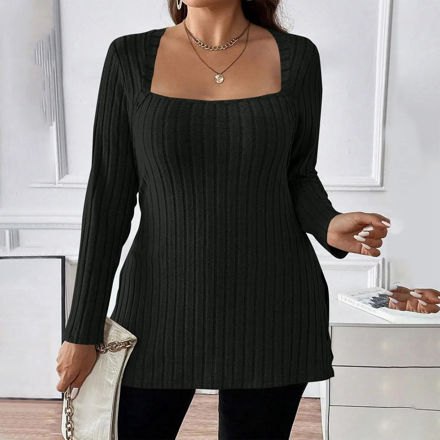 Plus Size Tops for Women Dressy Square Neck Long Sleeve Shirts Sexy Side Split Tunics Ribbed Knit Pullover Sweaters