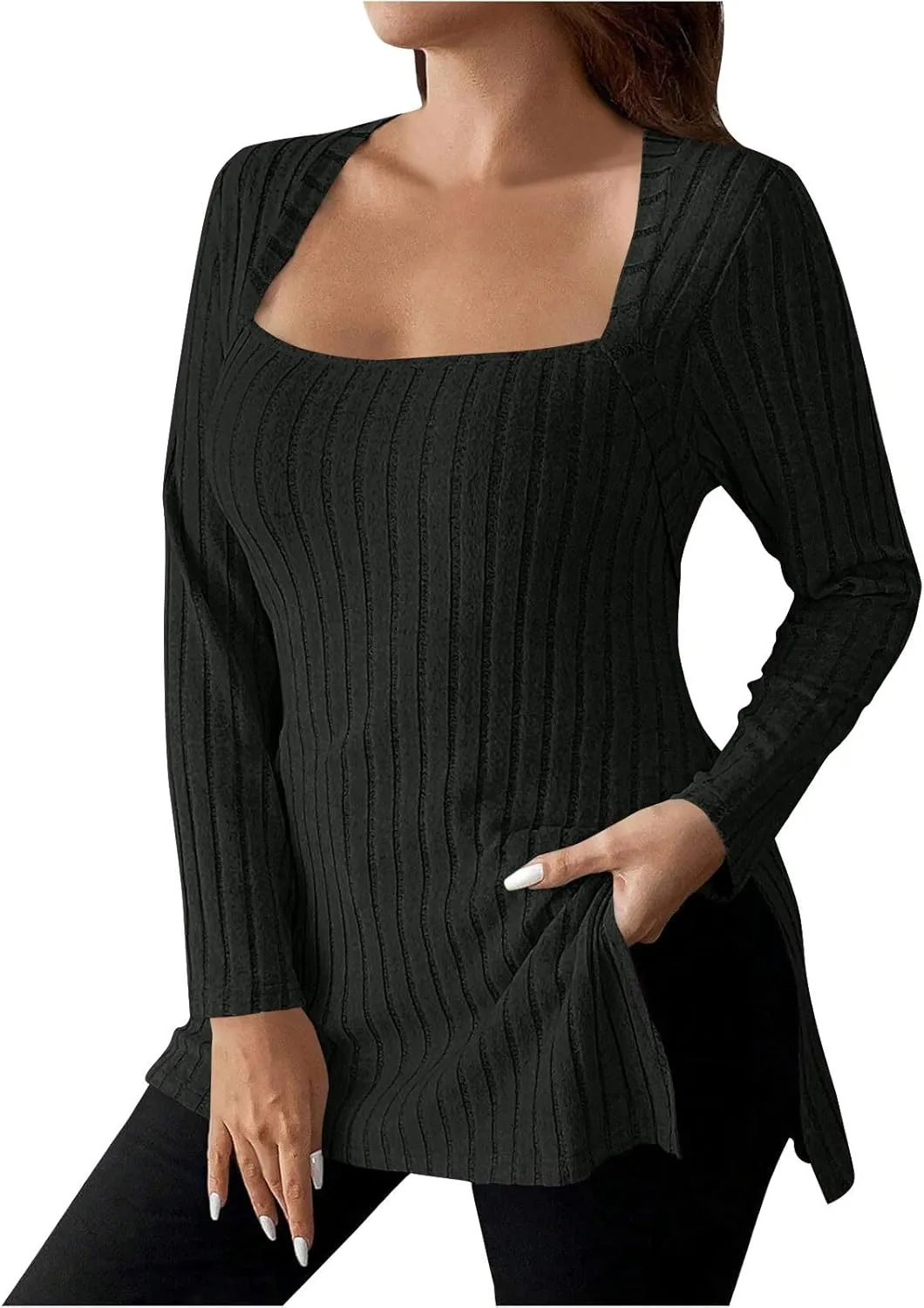 Plus Size Tops for Women Dressy Square Neck Long Sleeve Shirts Sexy Side Split Tunics Ribbed Knit Pullover Sweaters