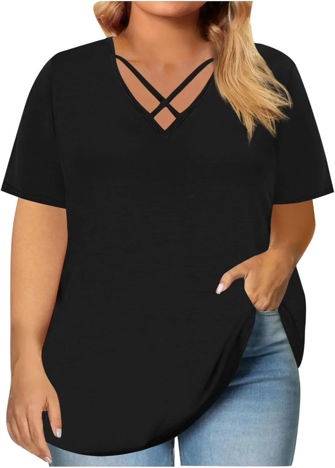 Plus Size Tops for Women Summer Short Sleeve Sexy V Neck Criss Cross T-Shirt Casual Loose Tunic Shirts Soft Solid Tee