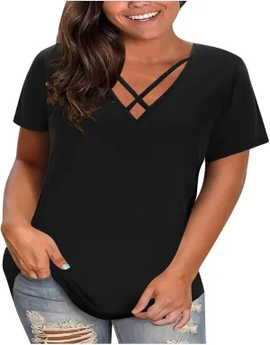 Plus Size Tops for Women Summer Short Sleeve Sexy V Neck Criss Cross T-Shirt Casual Loose Tunic Shirts Soft Solid Tee
