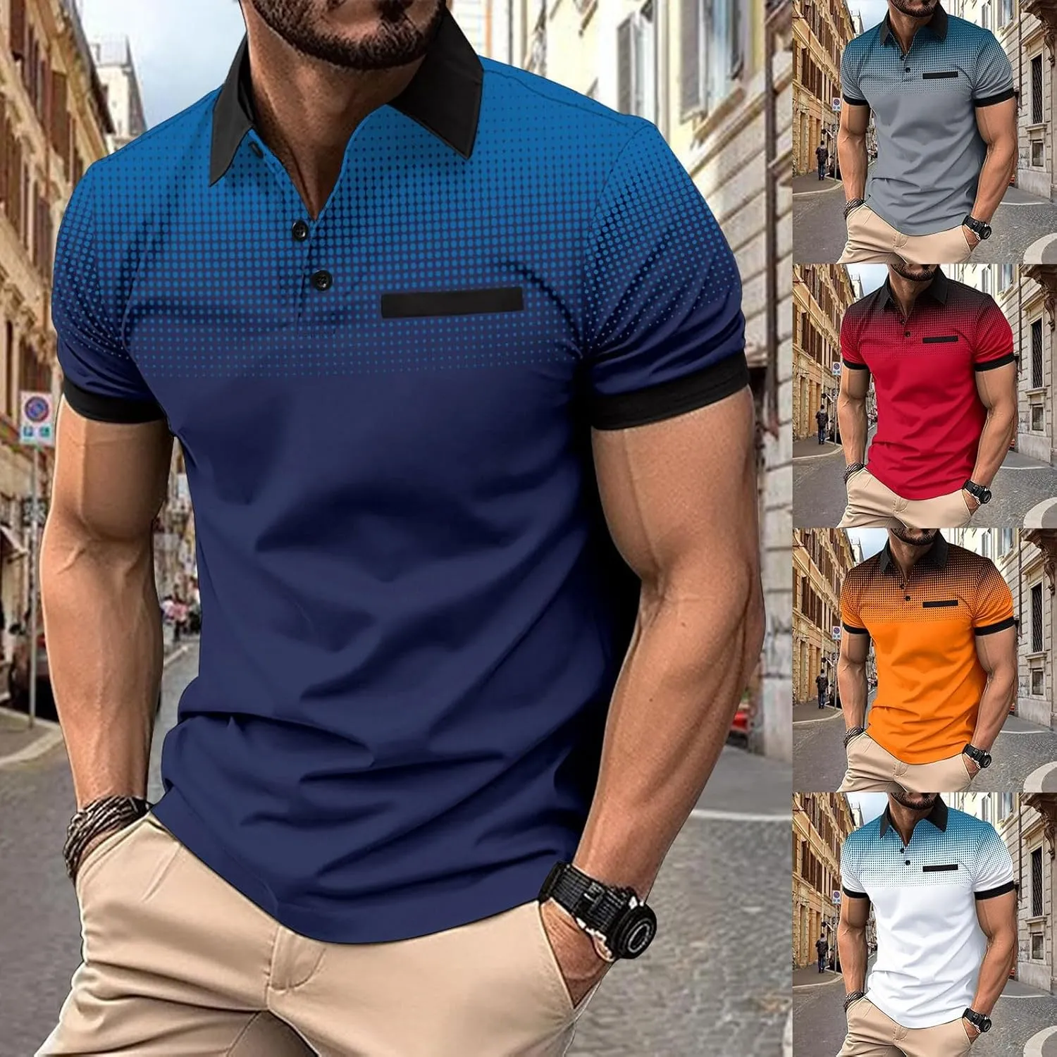 Polo Shirts for Men Gradient Short Sleeve Golf Shirts Lightweight Button Down Athletic T Shirts Vacation Tees