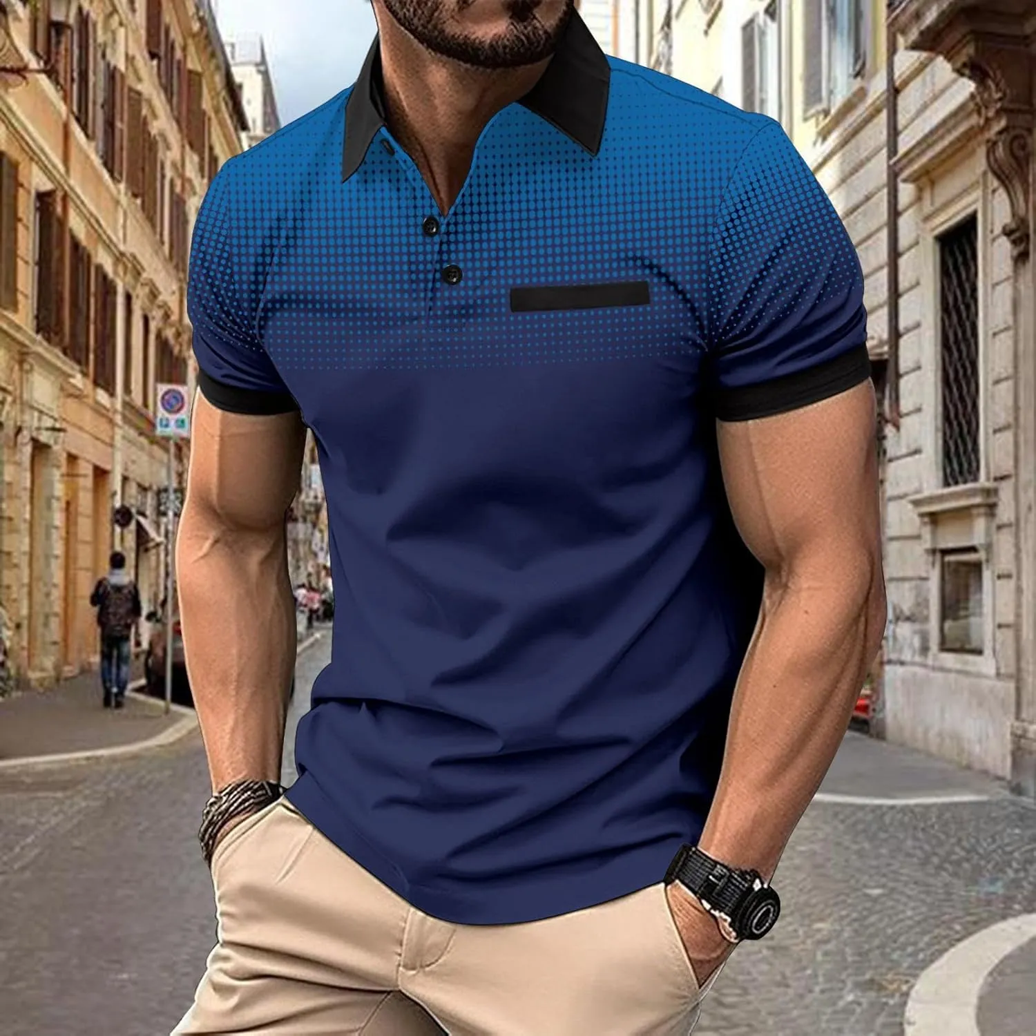 Polo Shirts for Men Gradient Short Sleeve Golf Shirts Lightweight Button Down Athletic T Shirts Vacation Tees