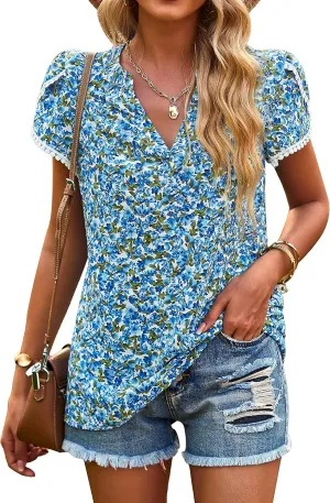 PRETTYGARDEN Women's Shirts Summer Casual Crewneck Lace Crochet Short Sleeve Blouses Cute Floral Print Loose Tunic Tops