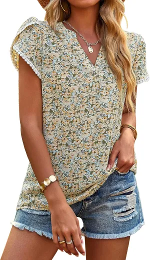 PRETTYGARDEN Women's Shirts Summer Casual Crewneck Lace Crochet Short Sleeve Blouses Cute Floral Print Loose Tunic Tops